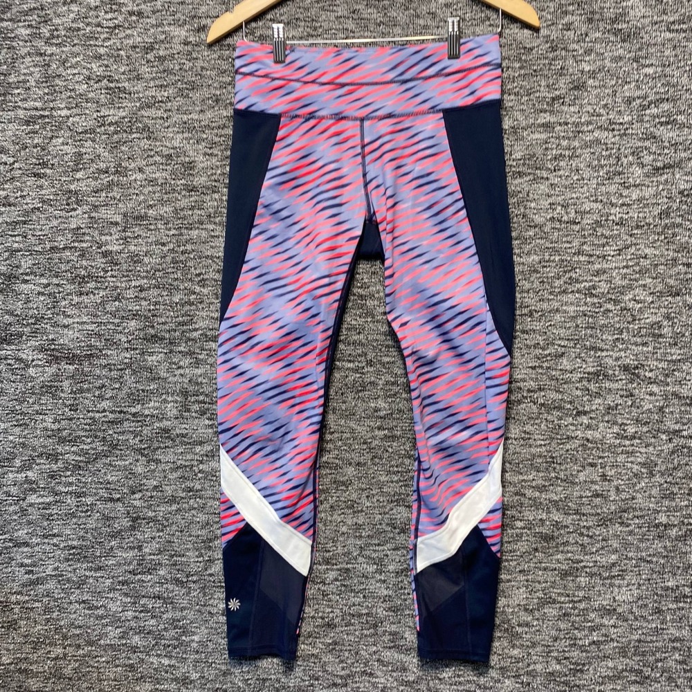 Athleta Electra Sonar Leggings Women S Blue Pink Abstract Mesh Panel Yoga Gym